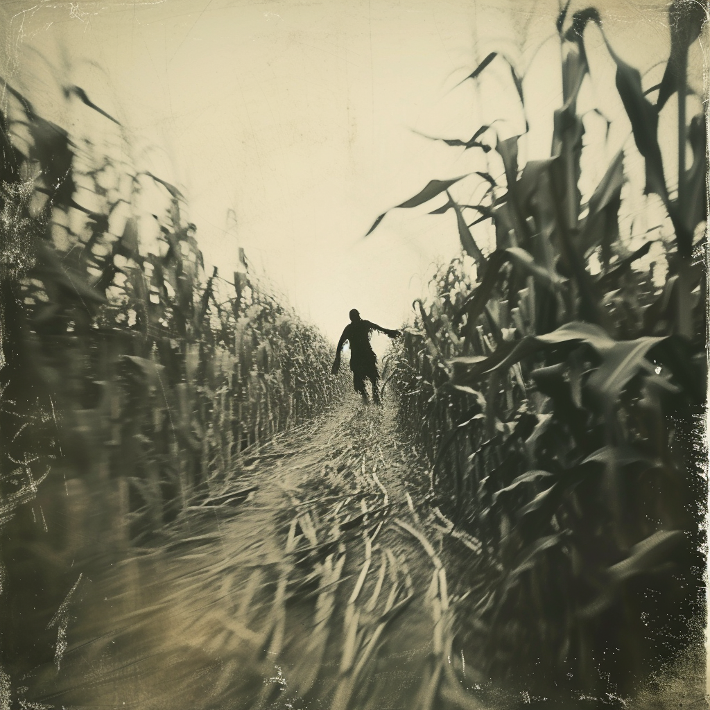 Scary nightmarish cornfield scarecrow running towards you