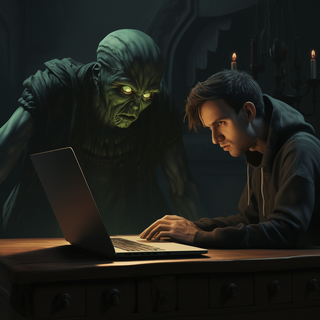 Sinister Peg Character Creeping on Laptop User