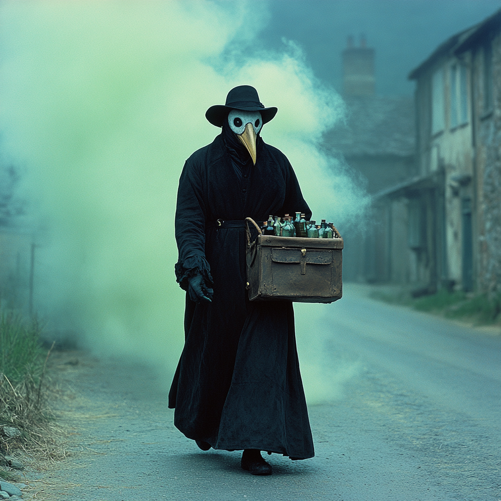 Plague doctor walking in eerie town