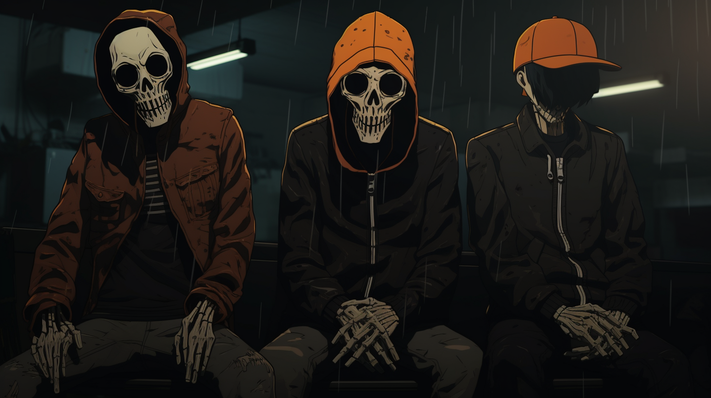 Four men wearing pumpkin heads and smoking cigarettes