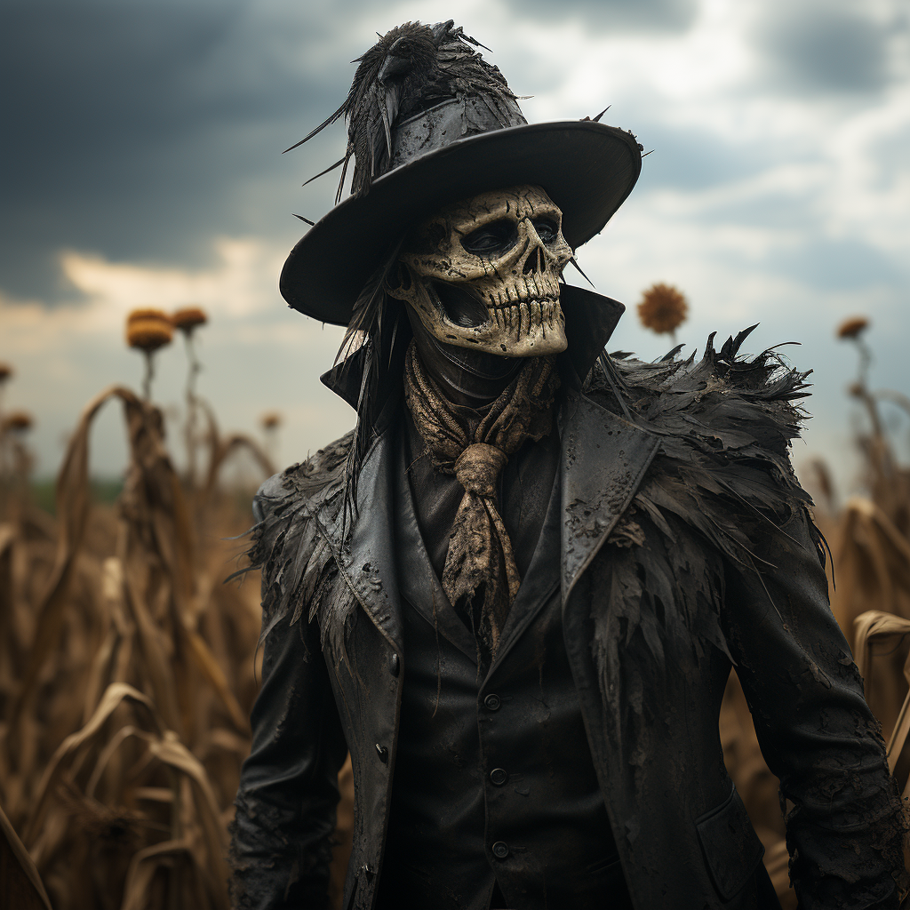 Spooky skeleton scarecrow in black suit and hat