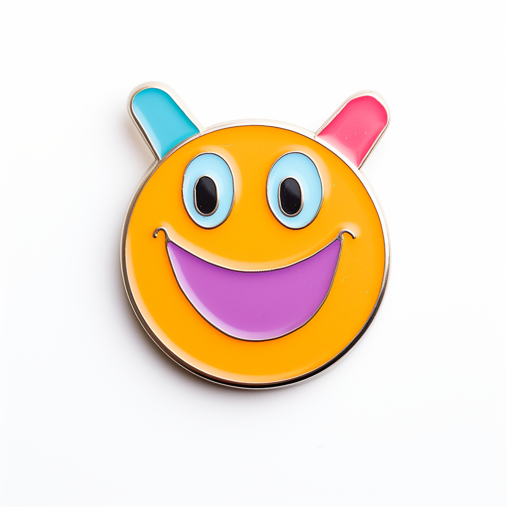 Colorful pin badge with creepy smiling character