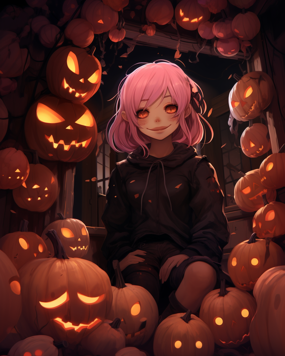 Creepy smiling inside creepy house surrounded by pumpkins