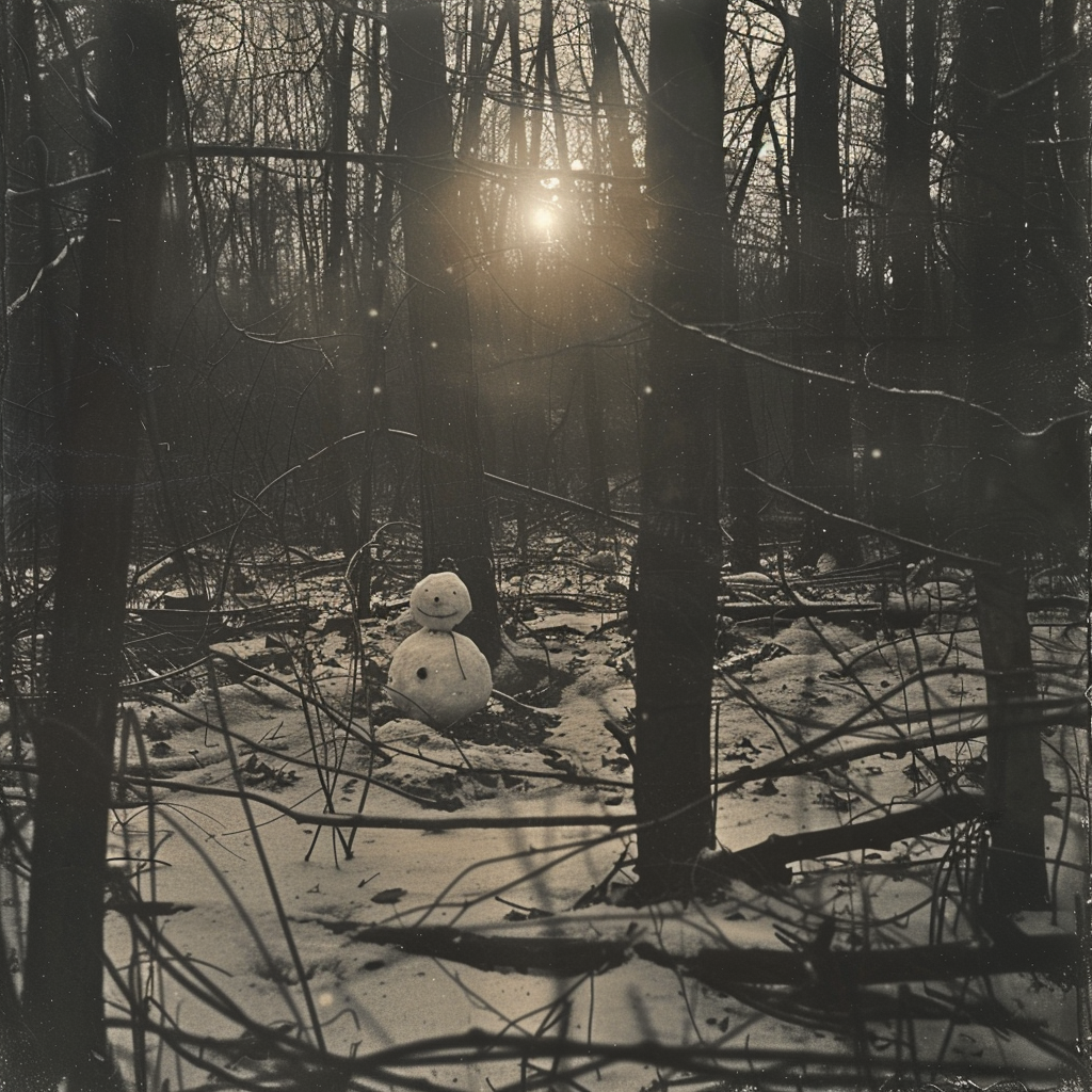 Creepy Snowman in Sunset Forest