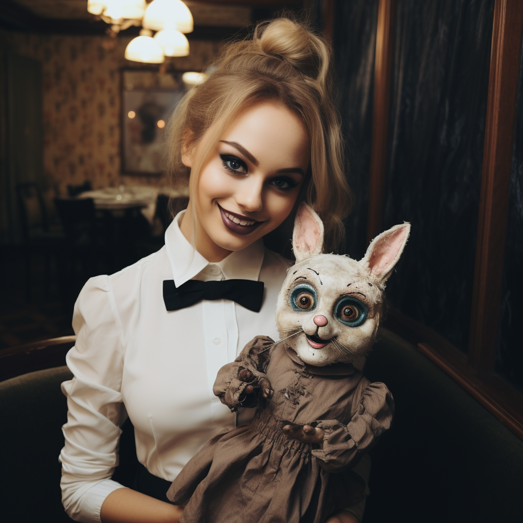 Creepy doll-like waitress with bunny mask