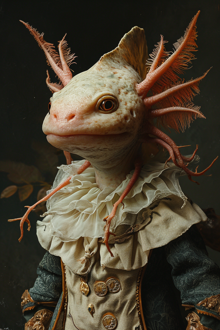 Creepy humanoid axolotl in vintage oil painting