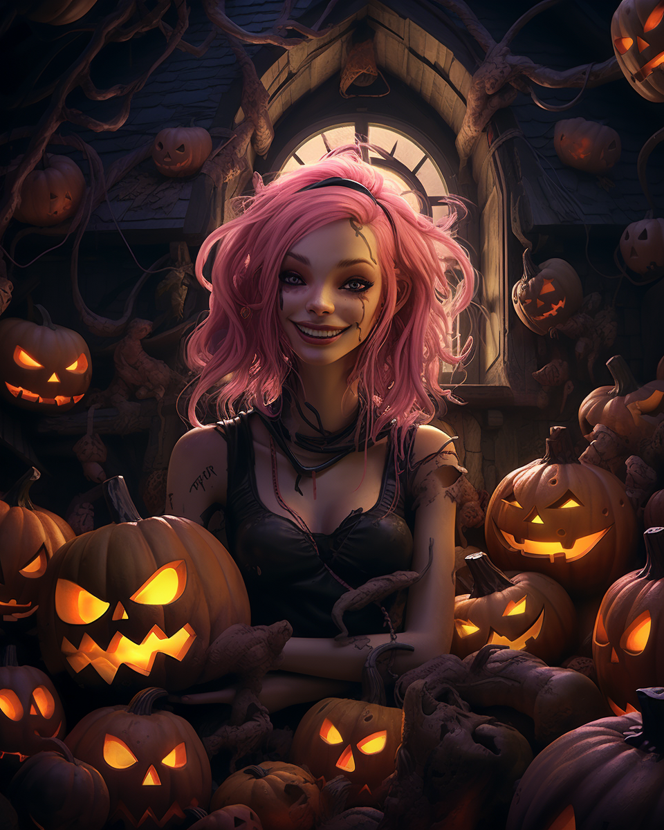 Creepy witch with pumpkins in a haunted house