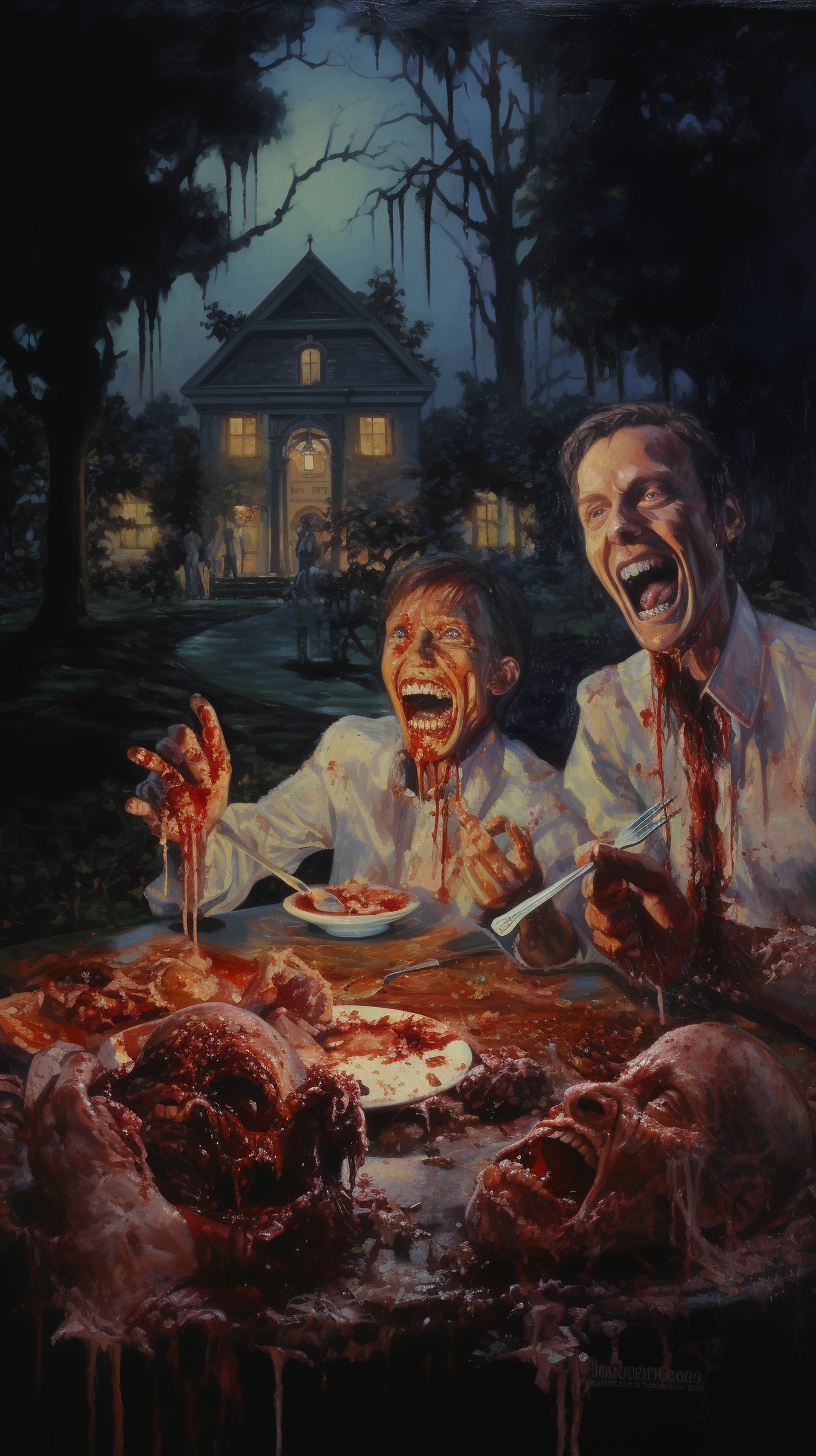 Creepy Zombies Eating Meat in Cemetery at Night