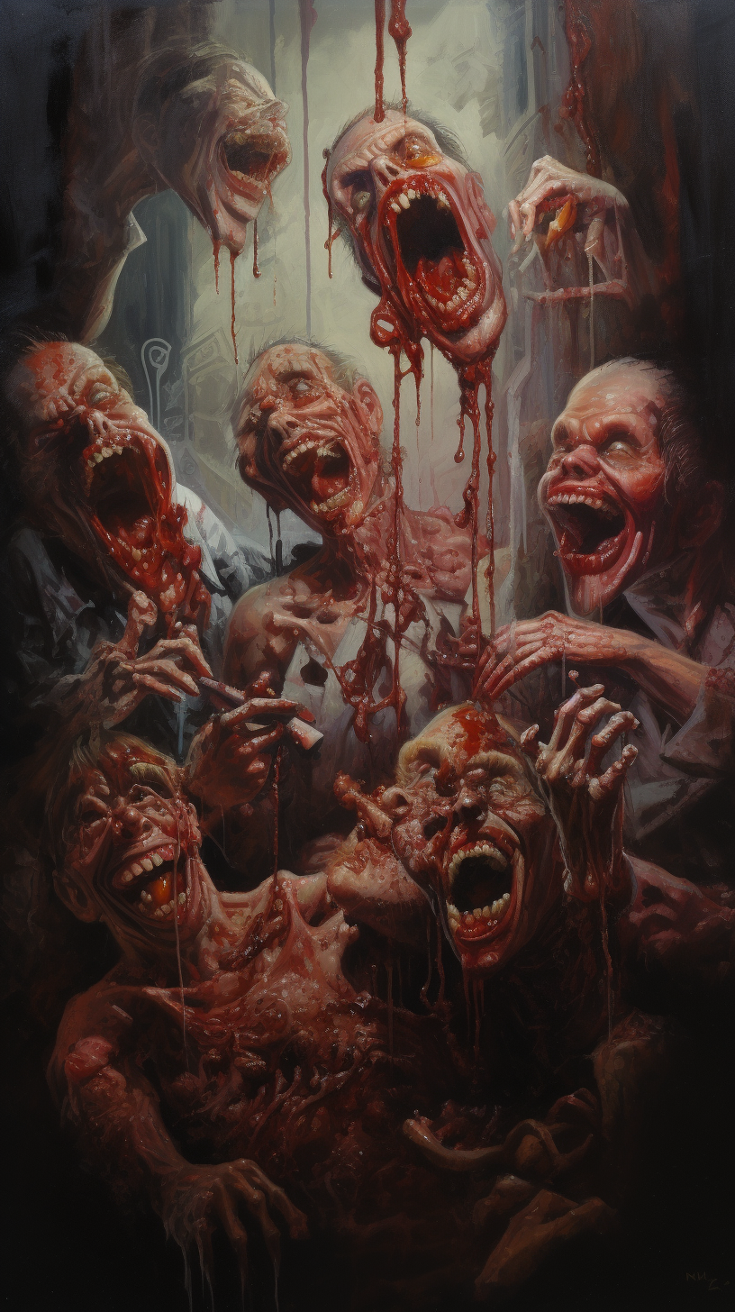 Creepy zombies eating meat chains