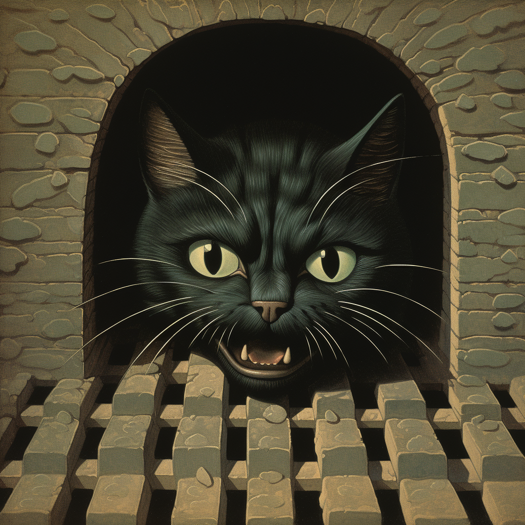 Creepy black cat with hidden creatures - Grant Wood