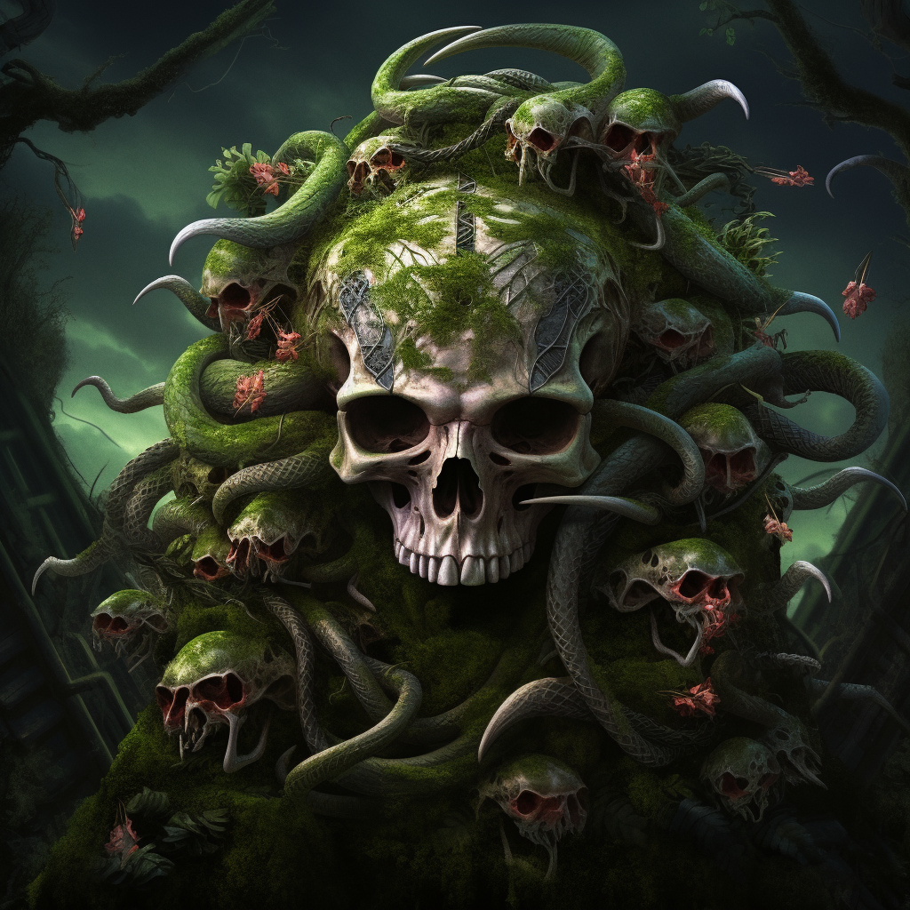 Fantasy Creepy Crawly Skull Among Greenery and Moss