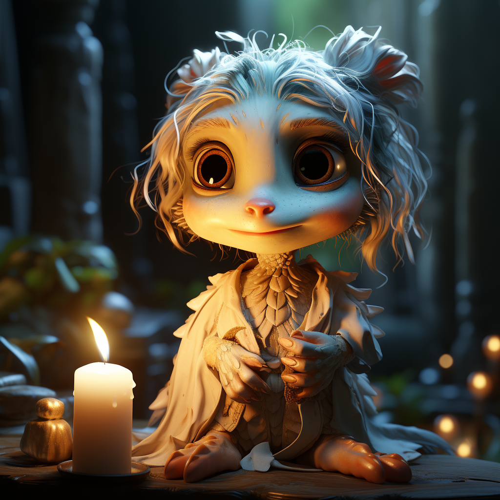 Creepy cute cartoon character holding a candle