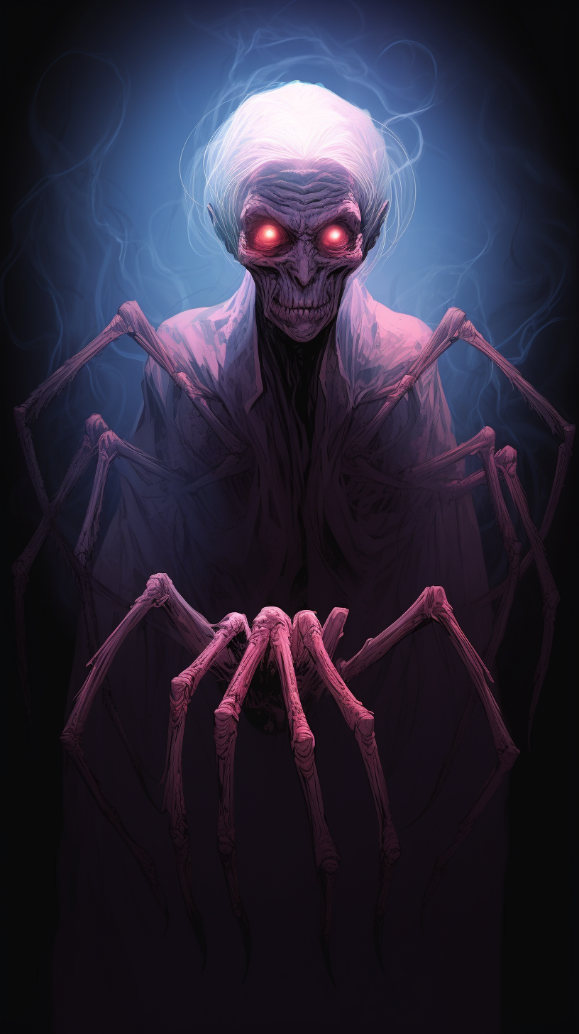 Hand-drawn creepy elderly spider woman