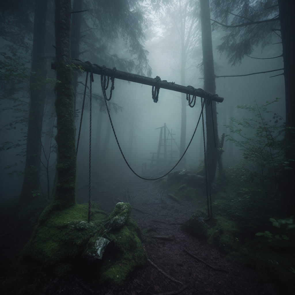 Eerie ropeswing in dark forest