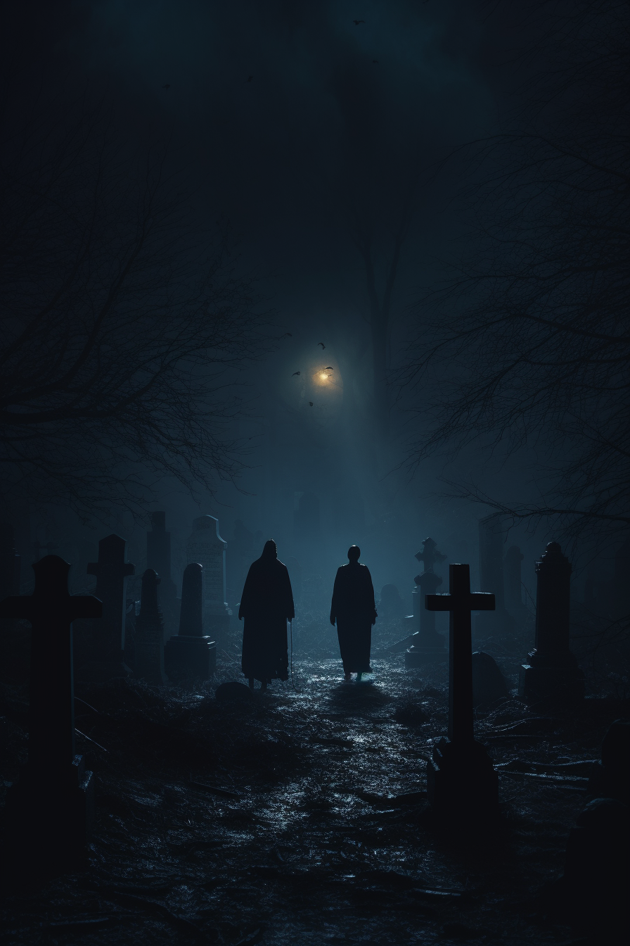 Two Creepy Ghosts Walking in Cemetery