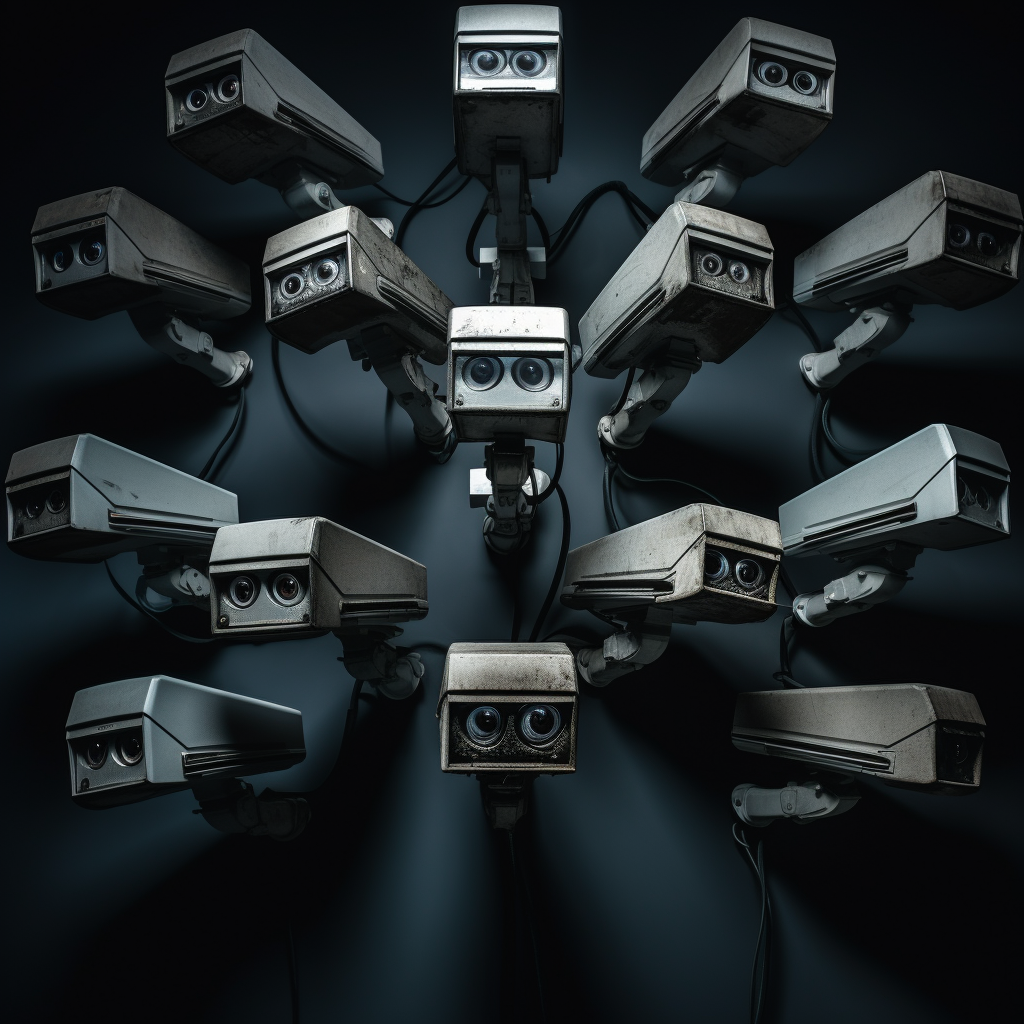 Creepy security cameras on a dark background