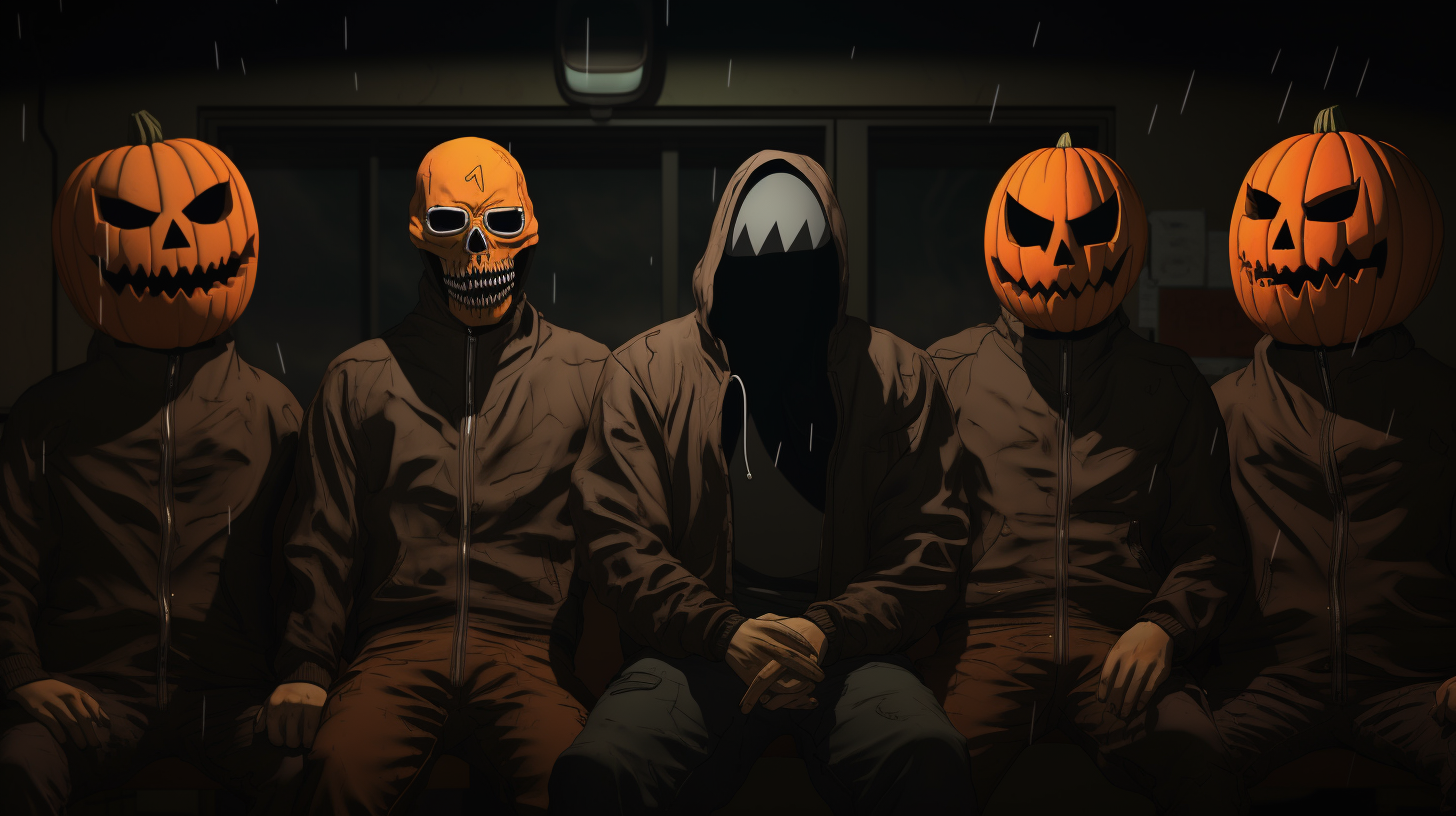 Men wearing pumpkin masks, smoking