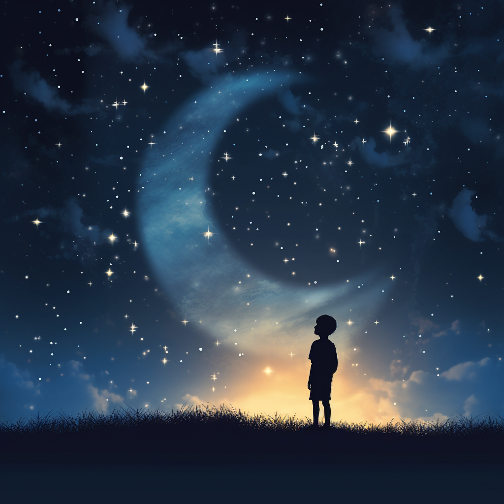 Silhouette of a young boy under crescent moon and stars