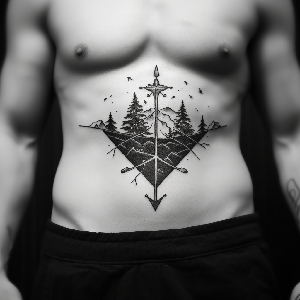 Simple crest tattoo with axe, arrow, trees, mountains, and fire