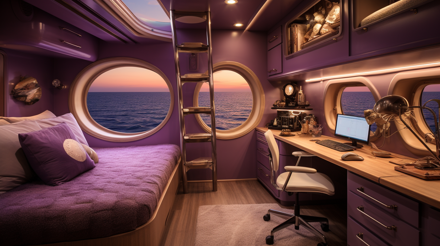 Pirate-style crew stateroom with purple cosmos view