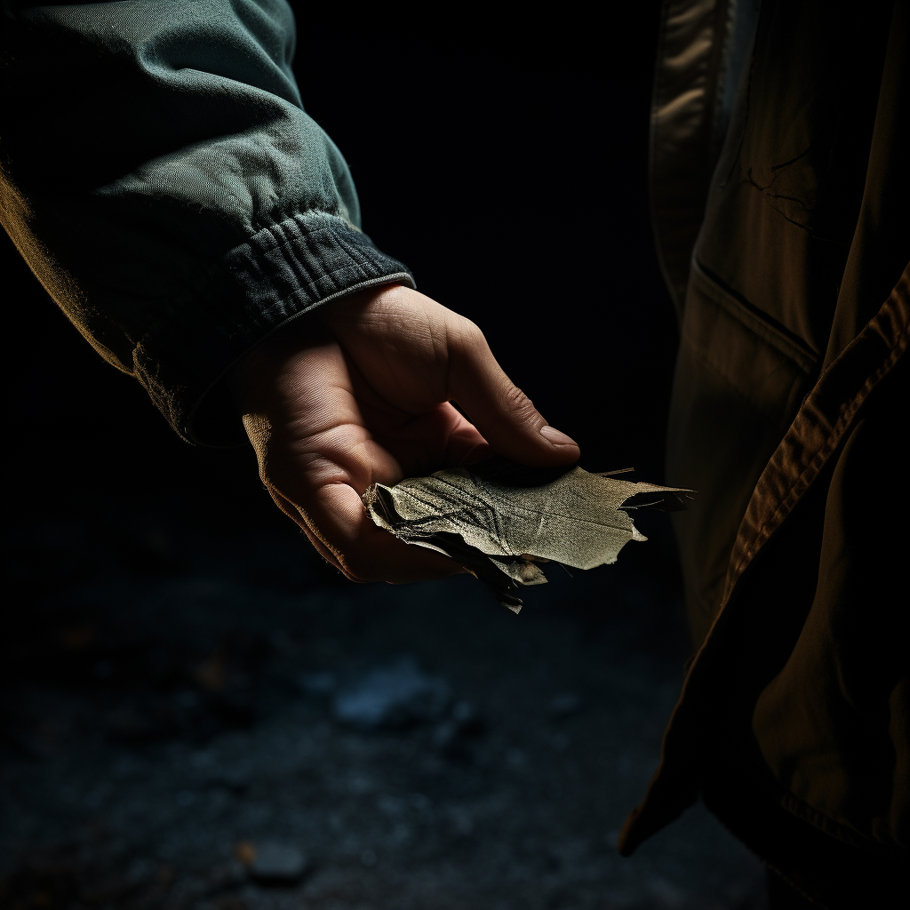 Hand holding scratched and torn clothing evidence