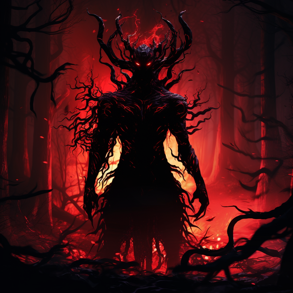 Crimson devil with fiery serpent in shadowy forest