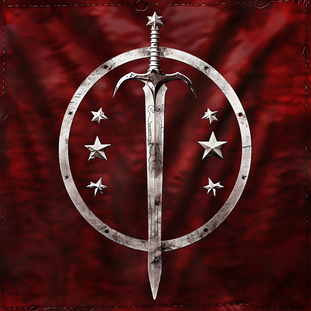 Crimson flag emblem with sword