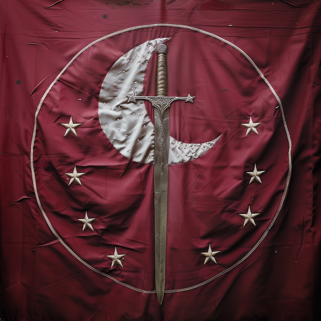 crimson flag with moon, stars, sword