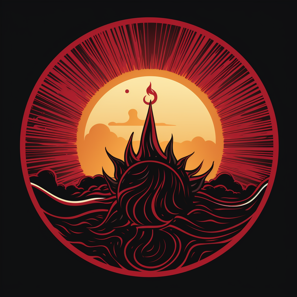 Hand drawn emblem with rising sun on crimson gas giant