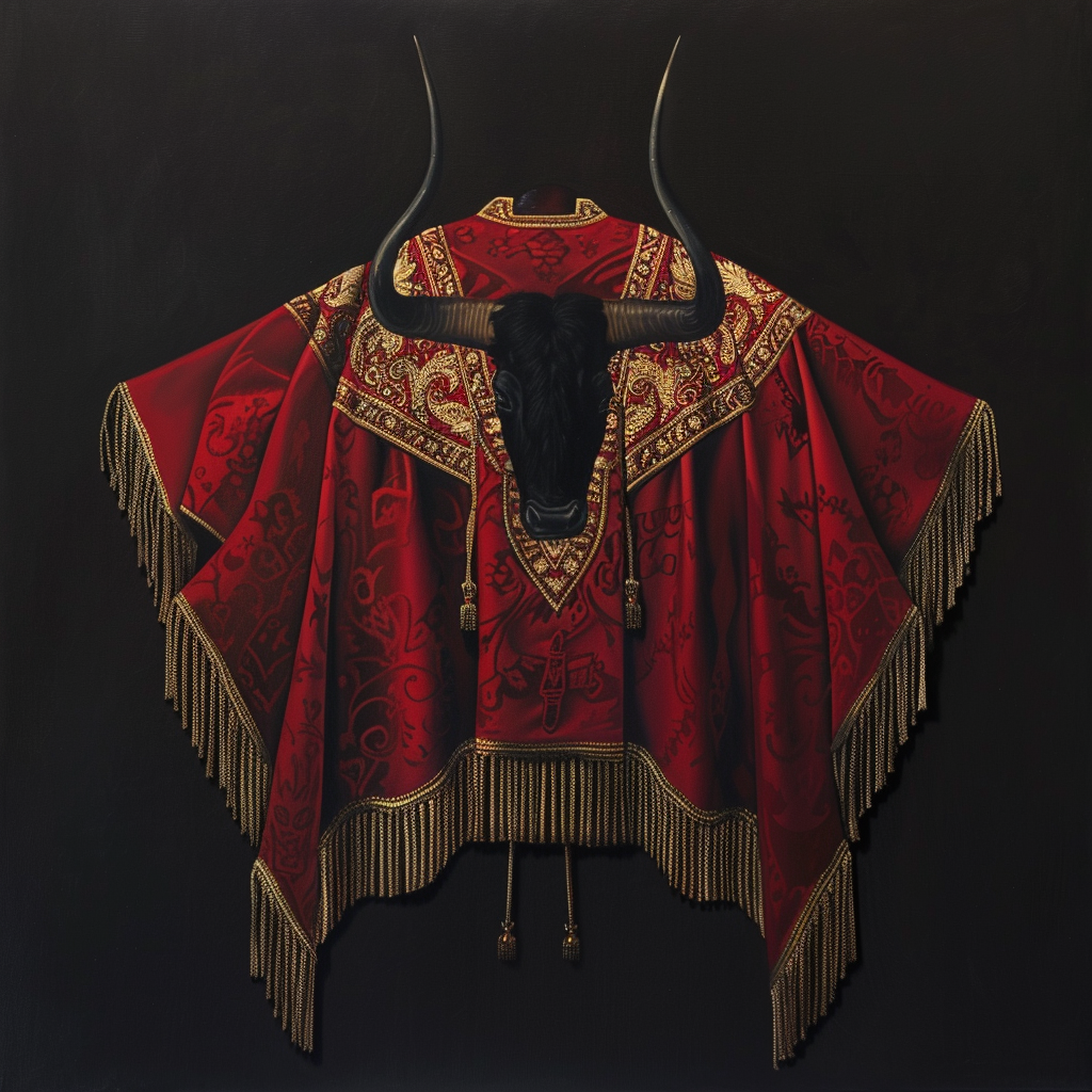 crimson matador's muleta with gold embroidery