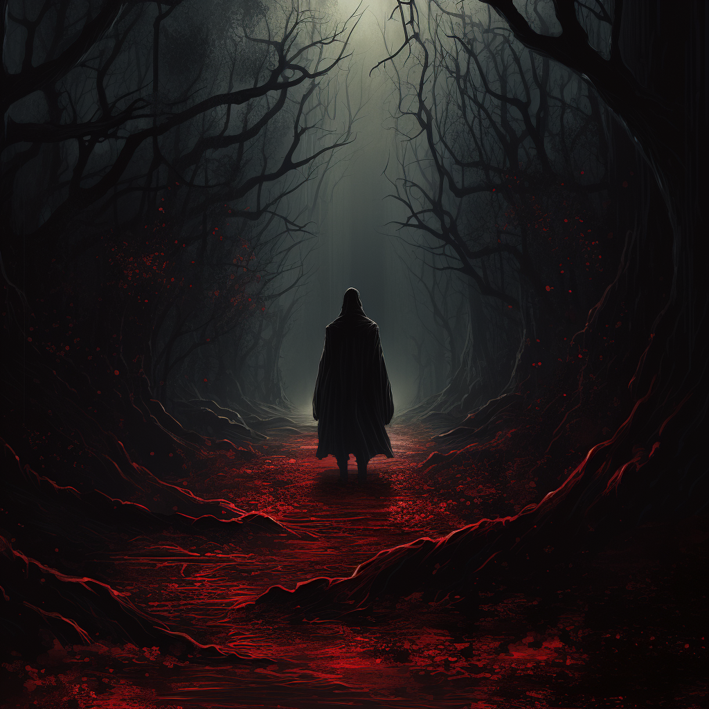 Lone figure in red robe walking down dark path