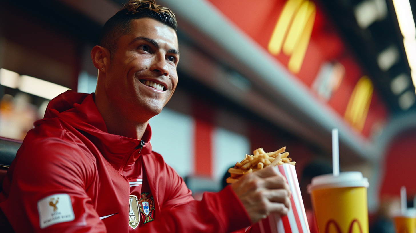 Cristiano Ronaldo in Nike clothing eating McDonald's