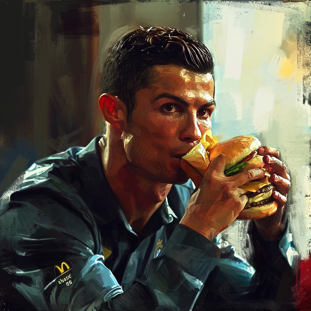 Enthusiastic Cristiano Ronaldo enjoying McDonald's burger