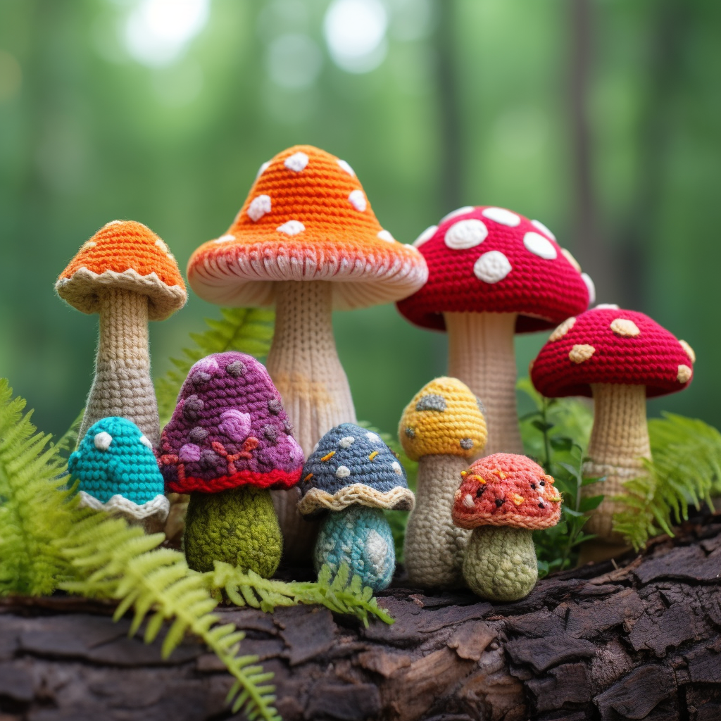 Colorful crochet mushroom toys