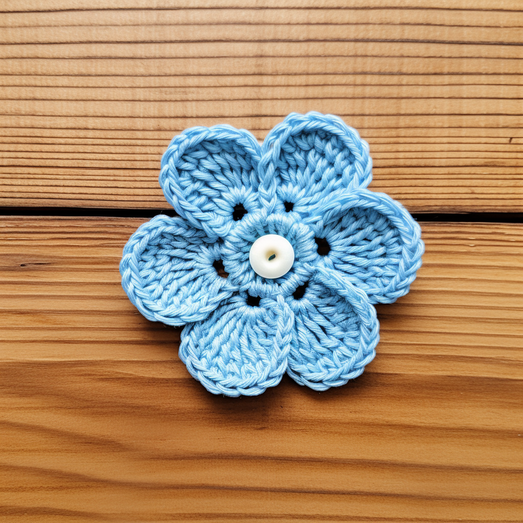 Crochet flower on brown wooden background