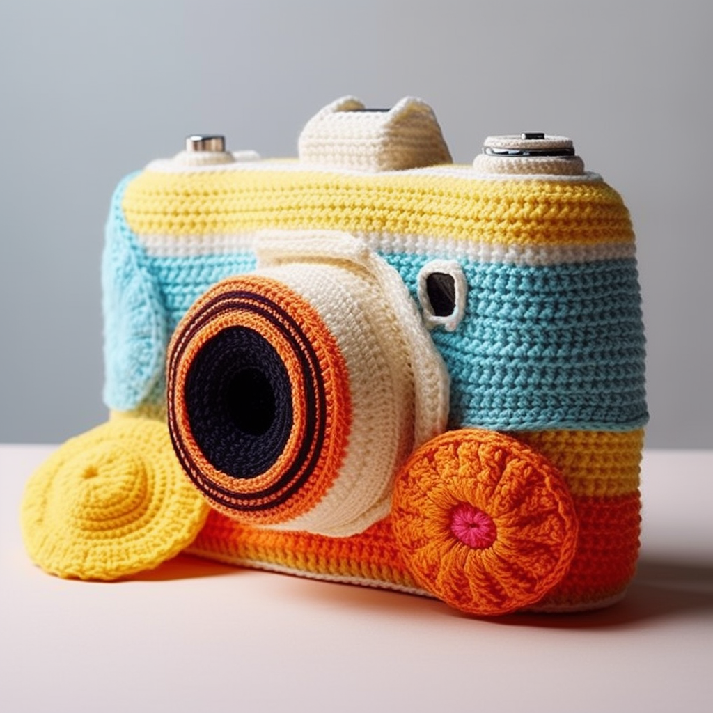 Crochet pillow with Sony camera made from knitting wool