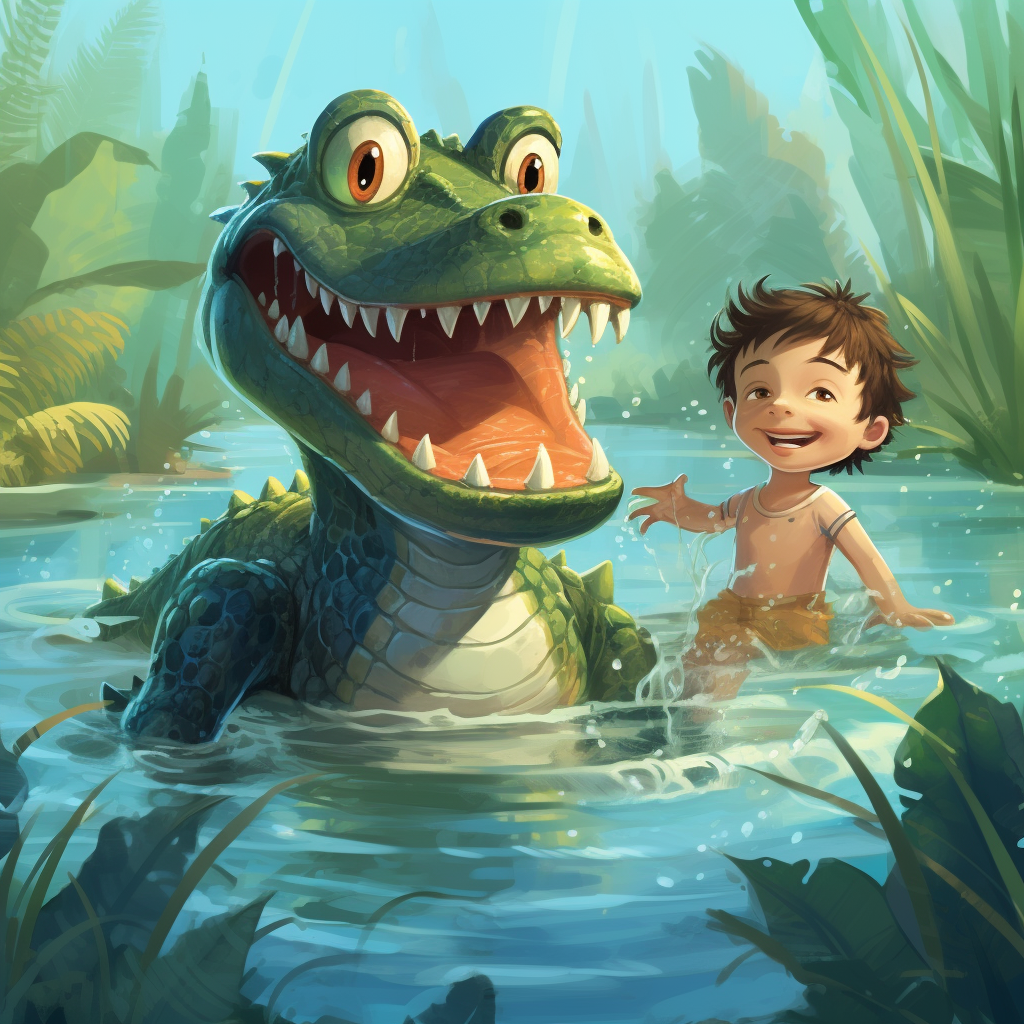 Crocodile child shoreline swimming illustration