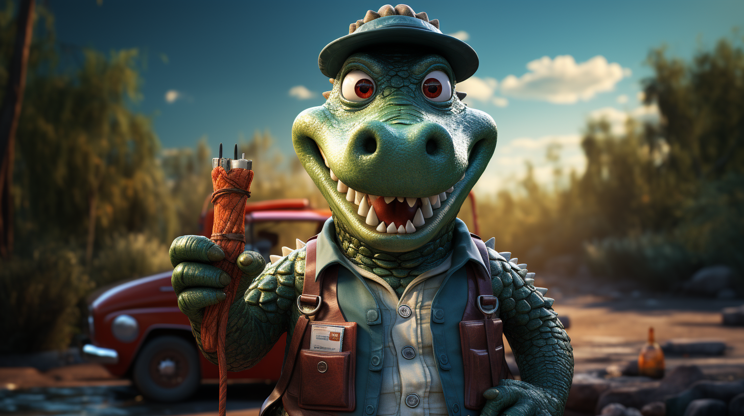 Crocodile mechanic with wrench and car