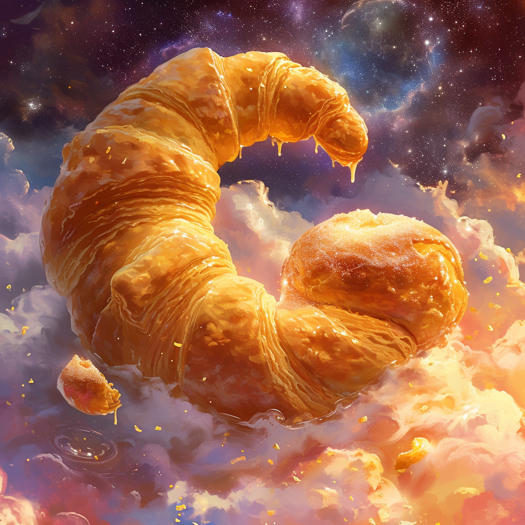 Croissant and sugar brioche sharing sweet moment cosmic chaos