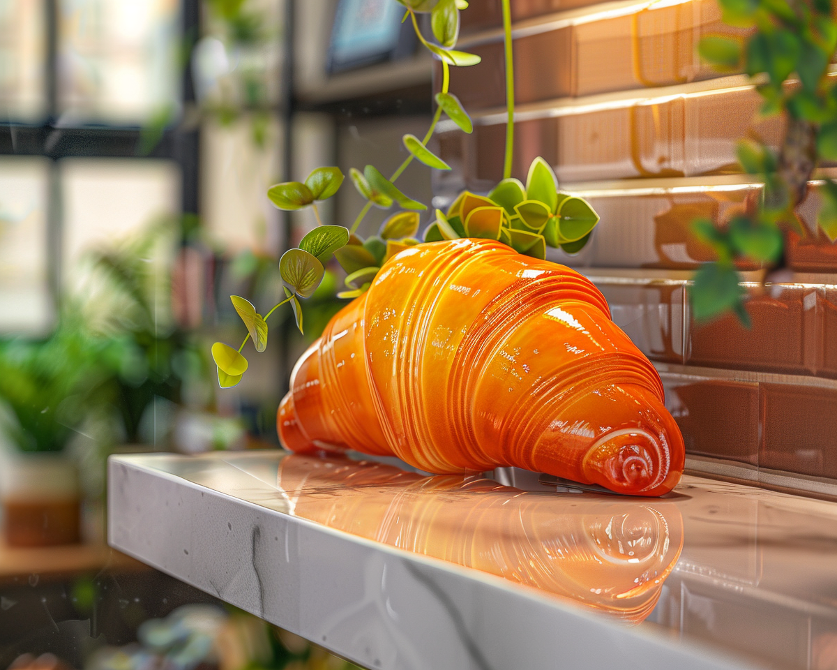 croissant with thick orange paint, plastic decoration, greenery