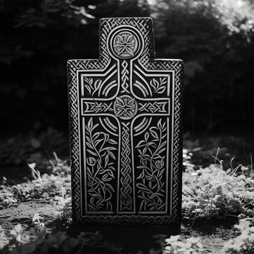 Cross tombstone in black and white