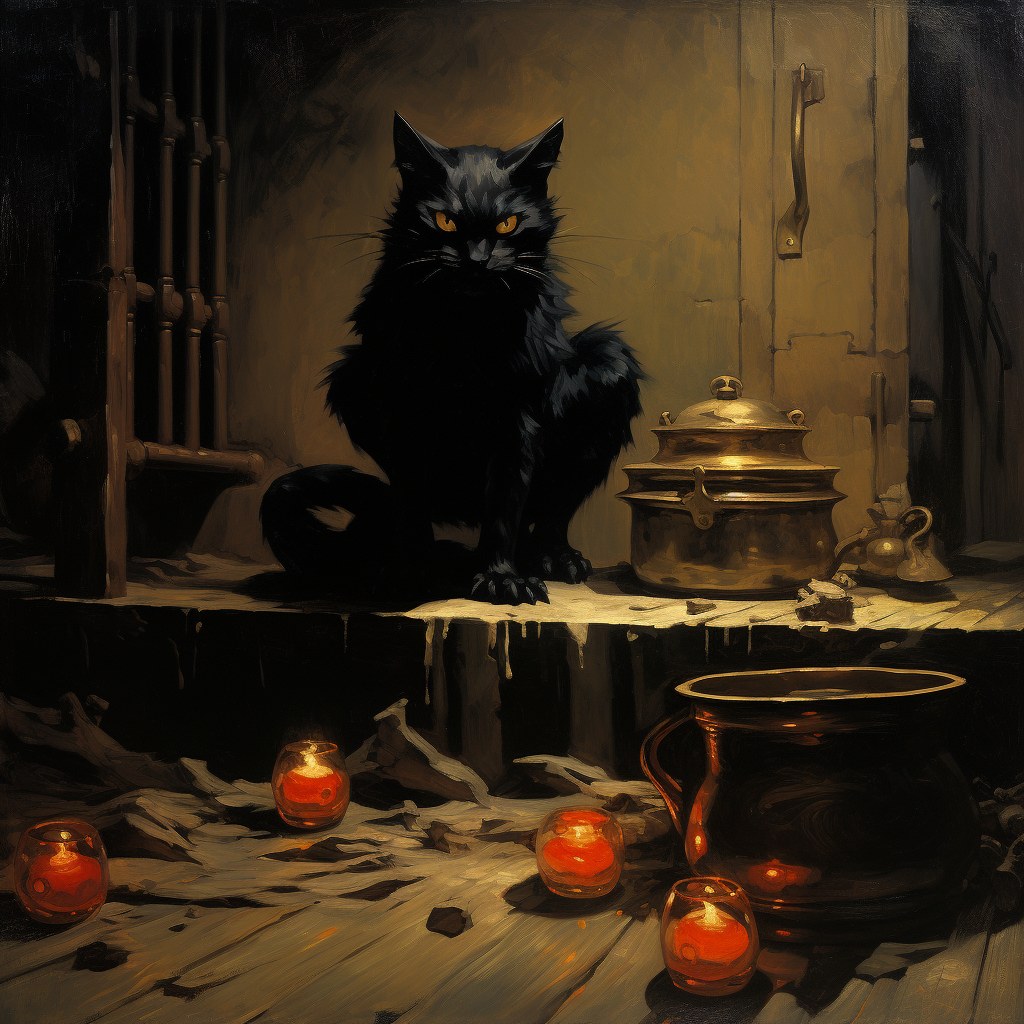 Creepy black cat in lamplit room