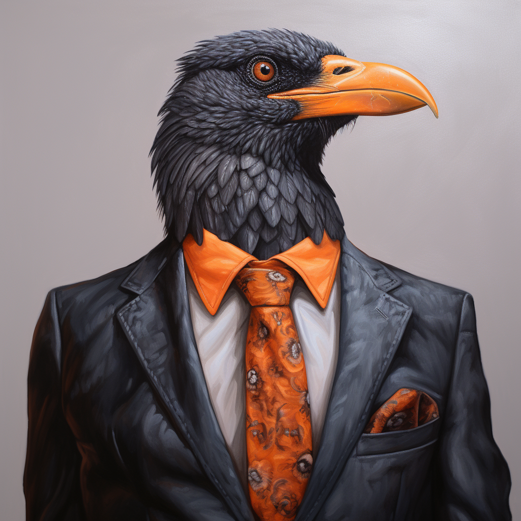 Crow bird wearing orange tie