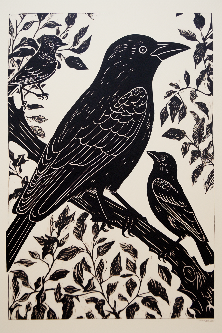 Black and white linocut print of a crow and stag beetle.