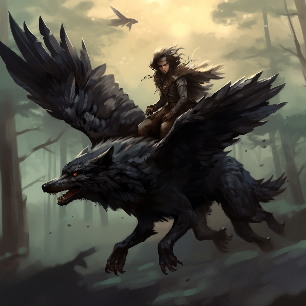 A crow riding on a majestic wolf