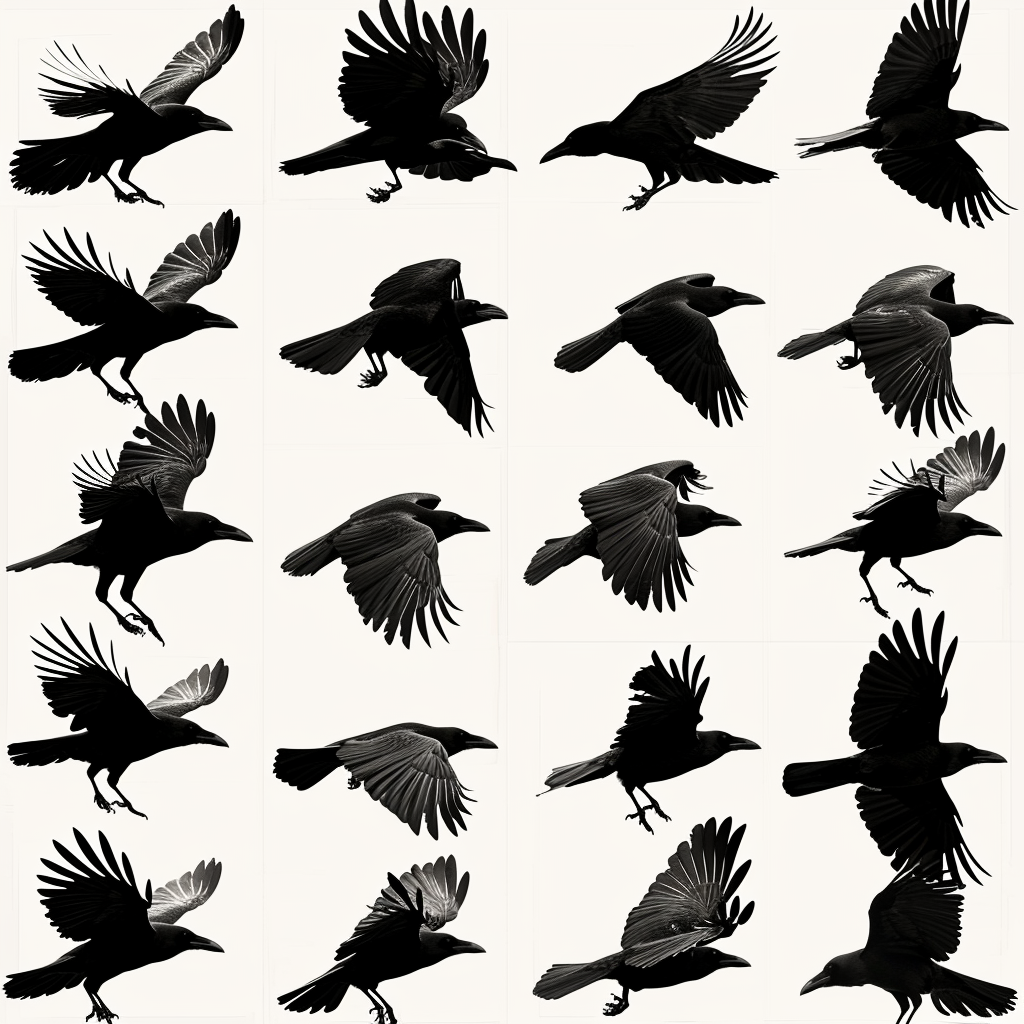 Crow in flight, detailed wingbeat animation