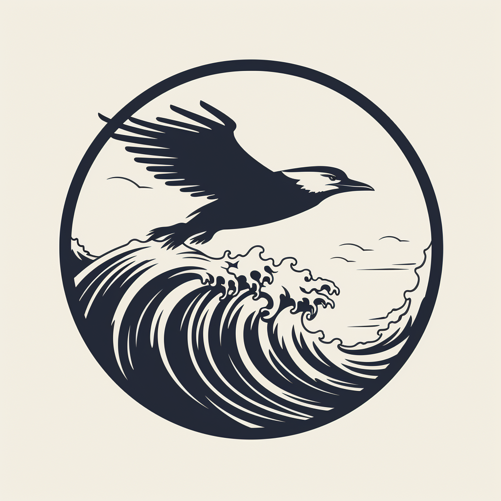 Black and white logo design of a crow surfing high waves  ??