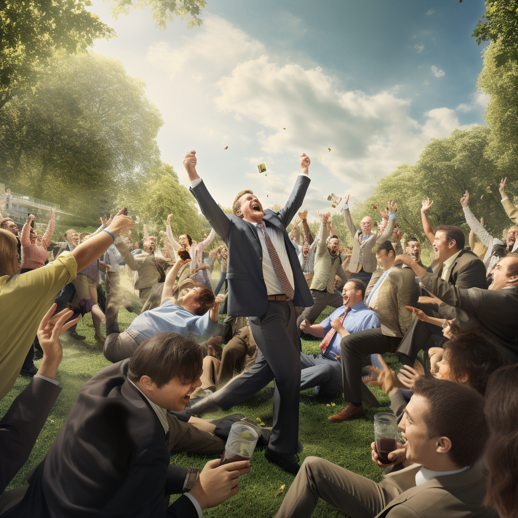 Group of business owners and trademan celebrating success in a park