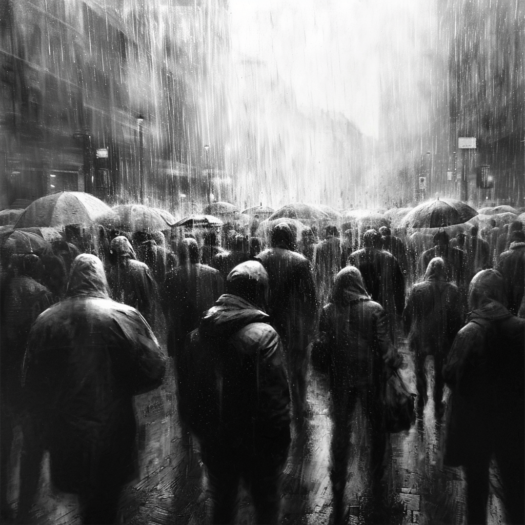 Rainy crowd in black and white