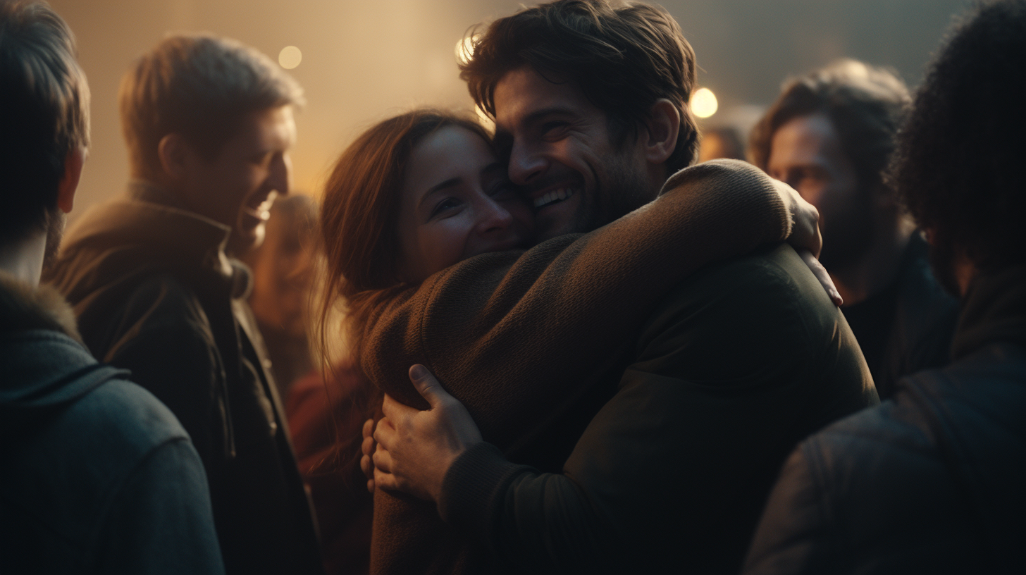 Crowd hugging in cinematic glow